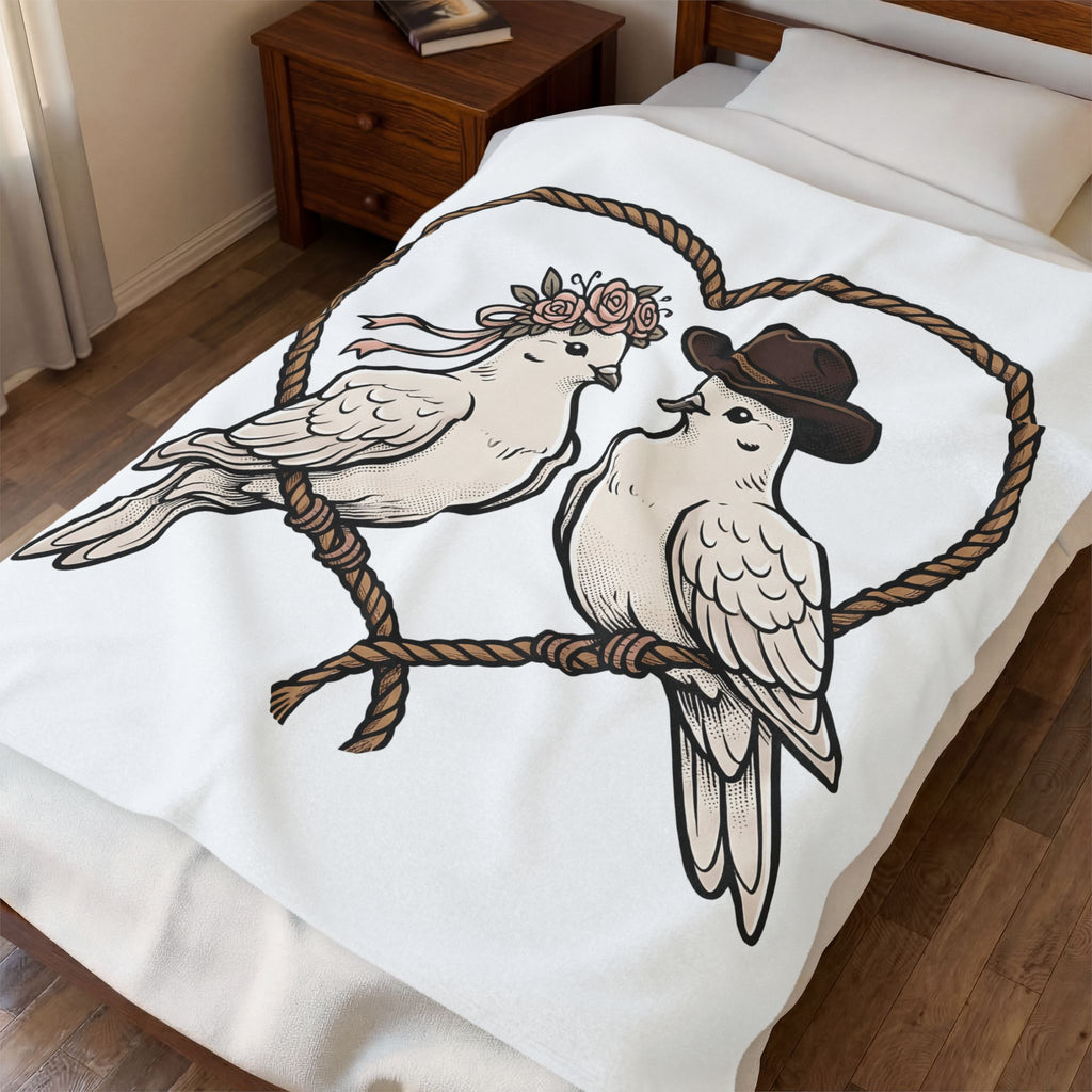 Dove Duo Blanket Cowgirl Ranch Gift Women Classic Blanket Pigeons Blanket Rodeo Fan Rustic Graphic Blanket Pen Drawing Braided Heart Blanket