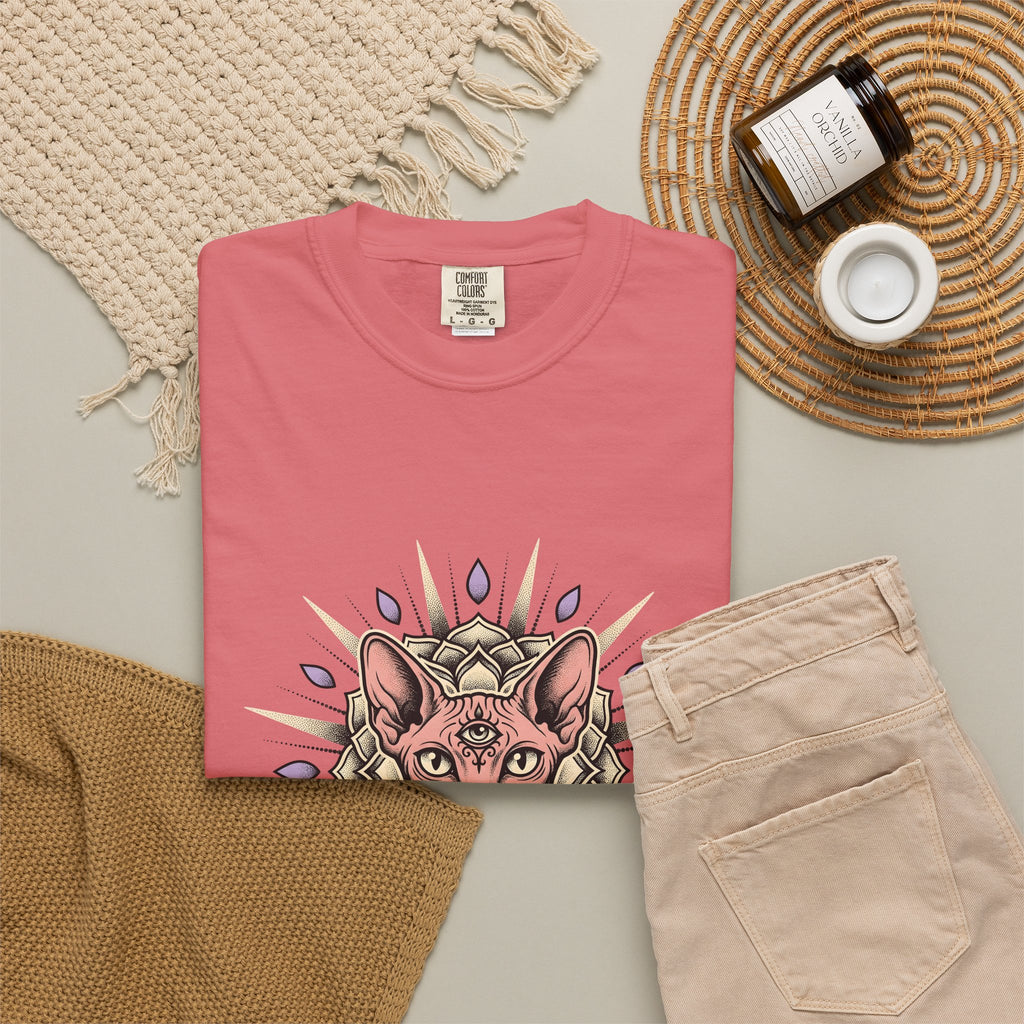 Sphynx Pet T-Shirt Cat Meditation Gift Women Tribal T-Shirt Hairless Cat T-Shirt Cat Fan Tribalism T-Shirt Mindfulness Graphic Etched Circle Design