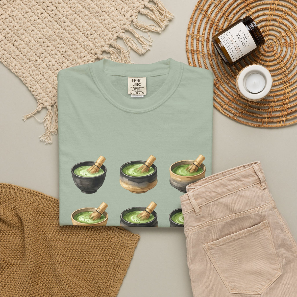 Green Tea Bowls T-Shirt Drinks Infusion Gift Women Gouache T-Shirt Tea Bowls T-Shirt Beverage Fan Watercolor T-Shirt Steeped Graphic Simple Wooden