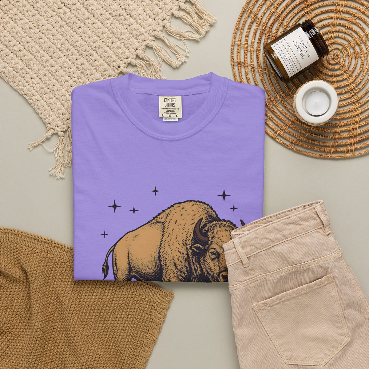 Buffalo Art T-Shirt Animal Environment Gift Women Rustic T-Shirt Bison T-Shirt Wildlife Fan Primitive T-Shirt Eco Graphic Line Art Star Symbols