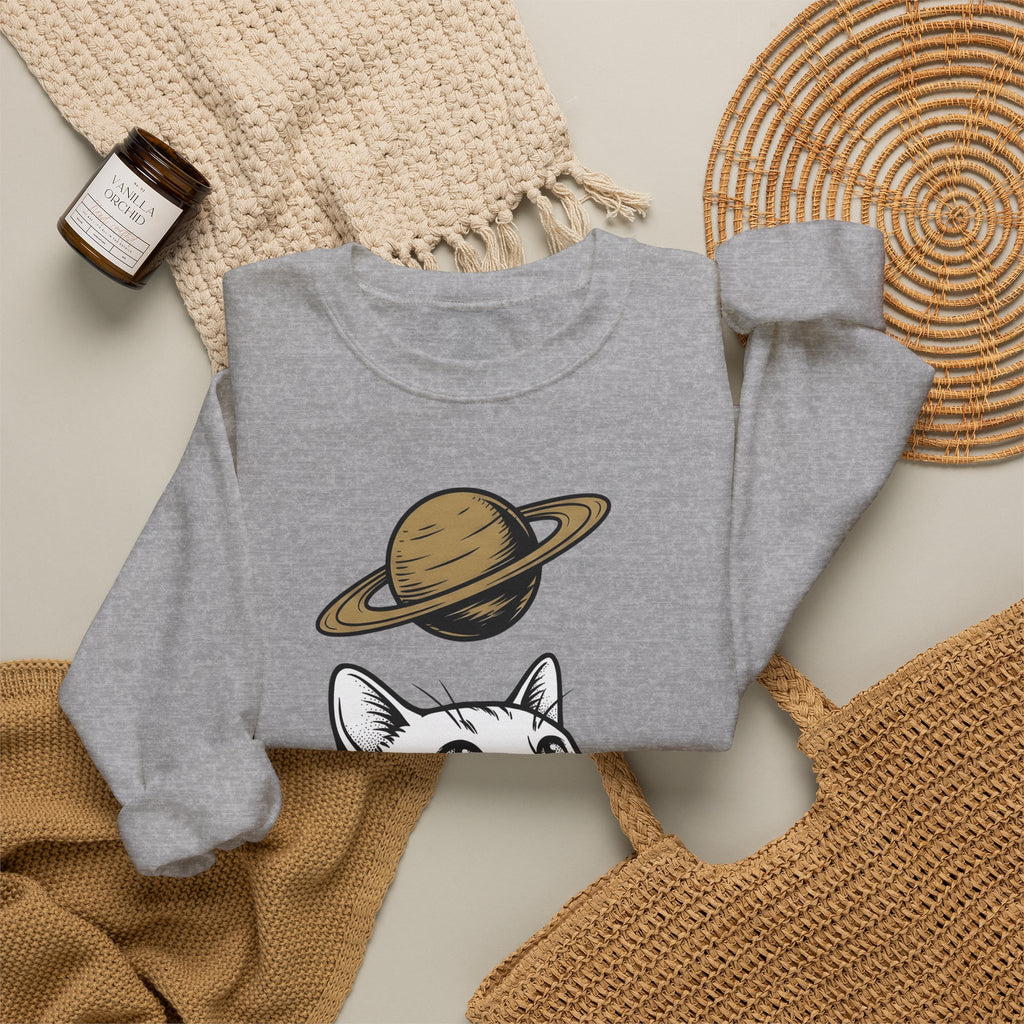 Cat Graphic Sweatshirt Cat Space Gift Women Line Art Sweatshirt Kitten Sweatshirt Feline Fan Simple Sweatshirt Galaxy Graphic Minimalist Planet Sweatshirt