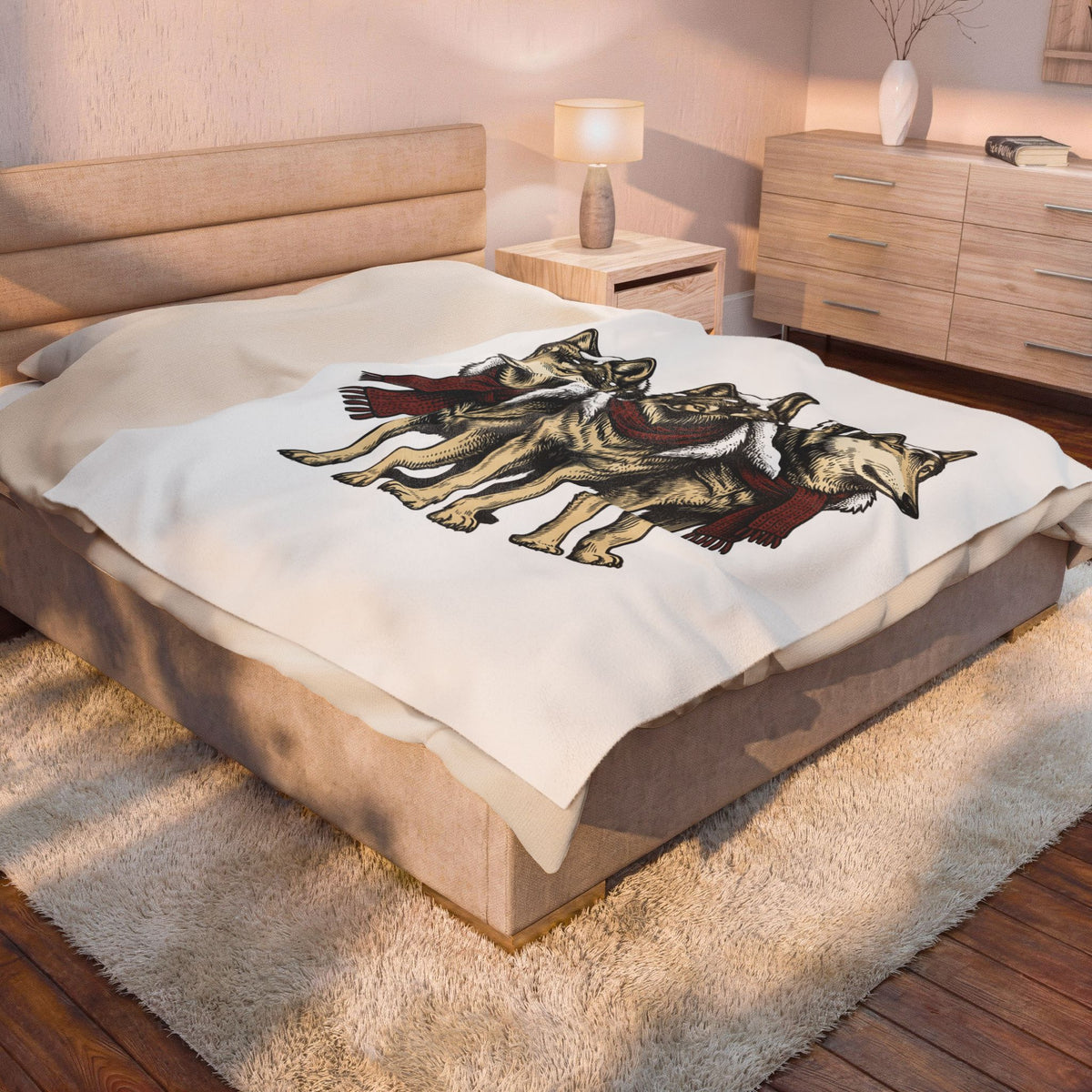 Wolf Trio Blanket Christmas Animal Gift Women Hand Drawn Blanket Pack Blanket Xmas Fan Illustrated Blanket Creature Graphic Vintage Scarf Blanket