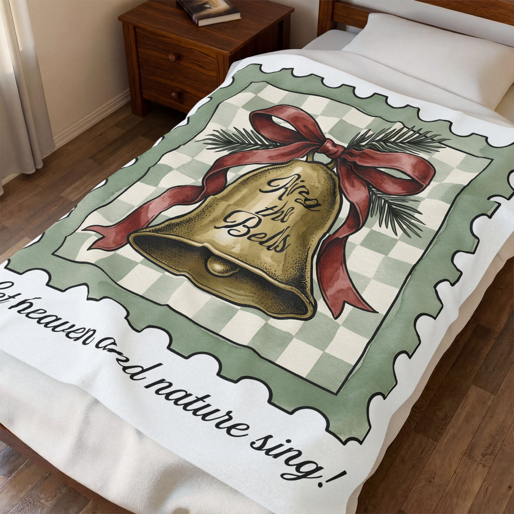Festive Bell Blanket Christmas Seasonal Gift Women Retro Blanket Jingle Bell Blanket Christmas Fan Vintage Blanket Holiday Graphic Rustic Fir Twig