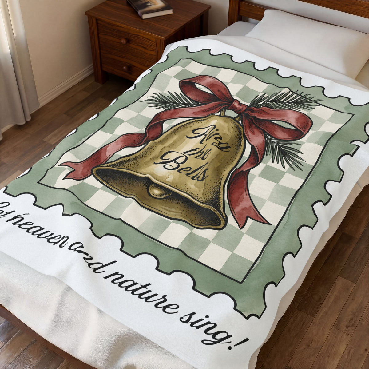 Festive Bell Blanket Christmas Seasonal Gift Women Retro Blanket Jingle Bell Blanket Christmas Fan Vintage Blanket Holiday Graphic Rustic Fir Twig