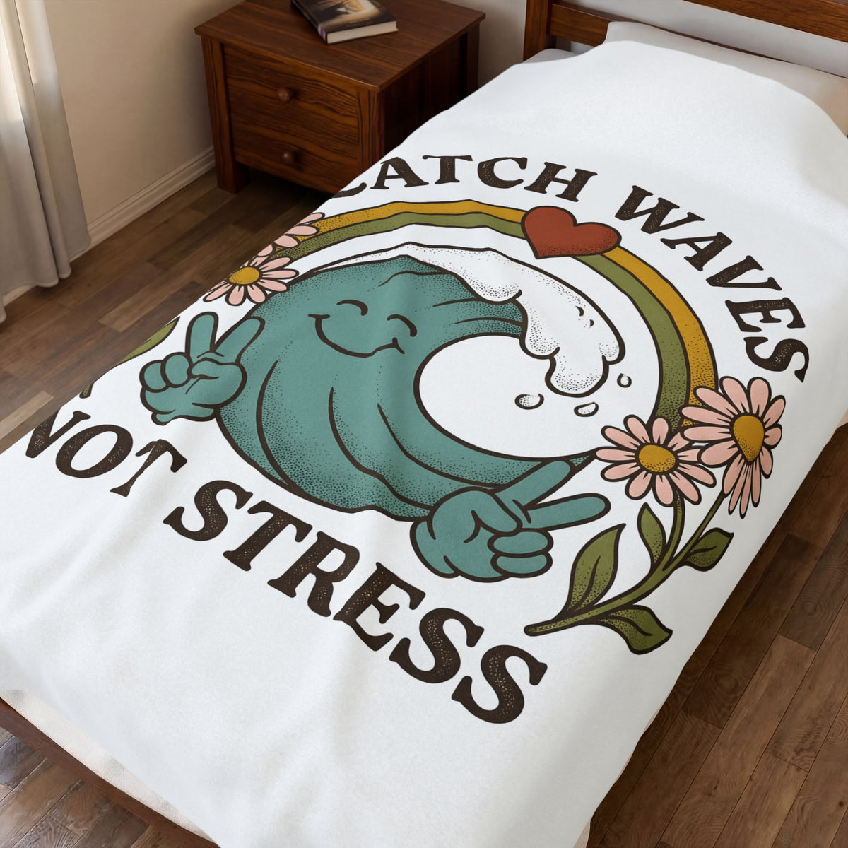 Happy Wave Blanket Sports Beach Gift Women Vintage Blanket Wave Blanket Athlete Fan Surf Graphic Blanket Hand Drawn Wildflowers Blanket