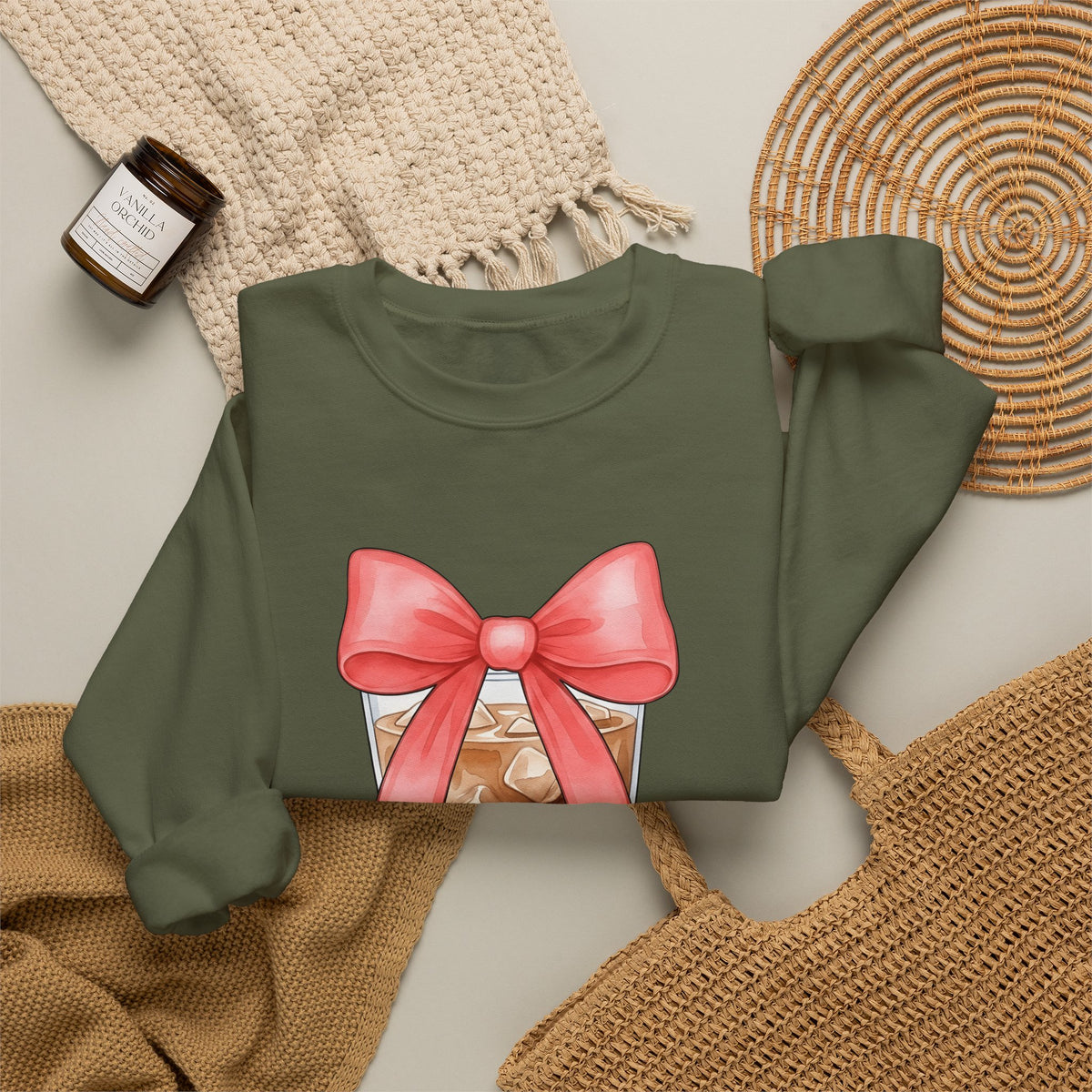 Iced Coffee Sweatshirt Coffee Mom Gift Women Watercolor Sweatshirt Cold Brew Sweatshirt Coffee Fan Watercolour Sweatshirt Mother Graphic Hand Drawn Pink Bow