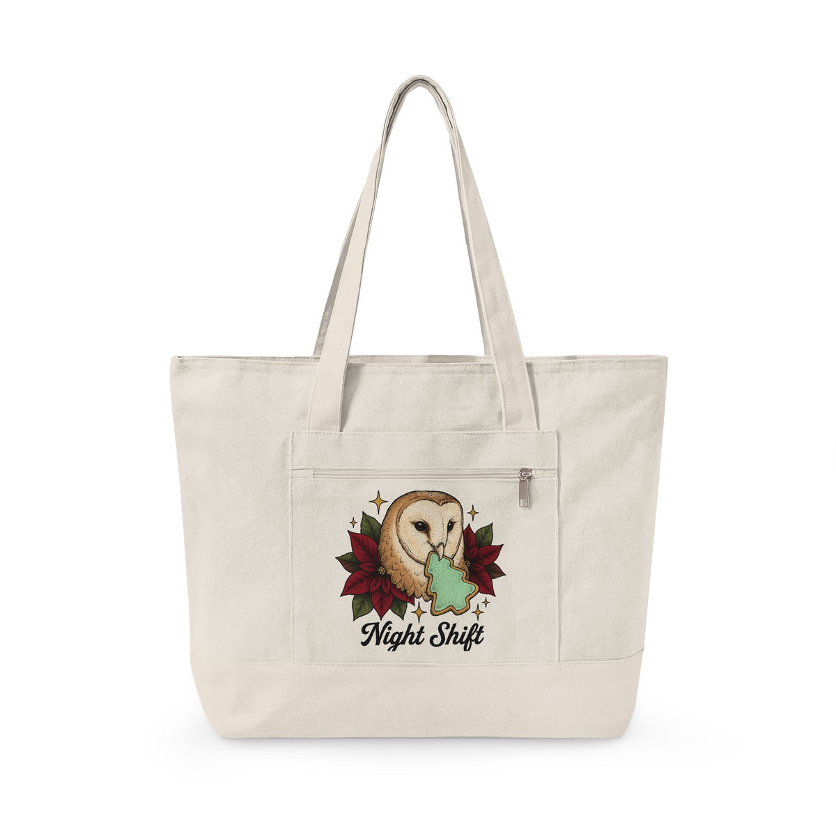 Owl Cookie Tote Bag Christmas Animal Gift Women Tattoo Tote Bag Owl Treat Tote Bag Xmas Fan Tattooed Tote Bag Wildlife Graphic Vintage Poinsettia