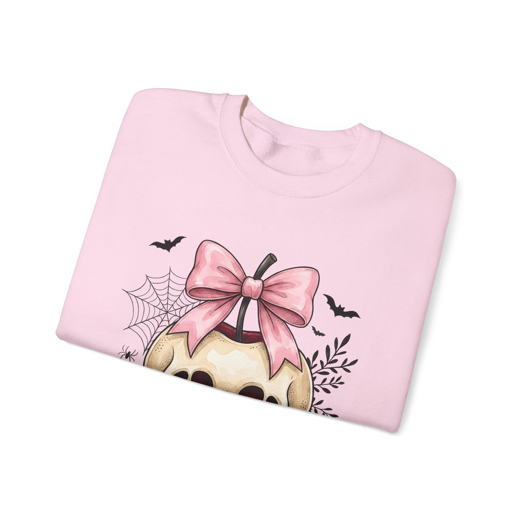 Skeleton Apple Sweatshirt Halloween Scary Gift Women Horror Sweatshirt Bone Sweatshirt Spooky Fan Macabre Sweatshirt Frightful Graphic Hand Drawn Pink Hair Bow
