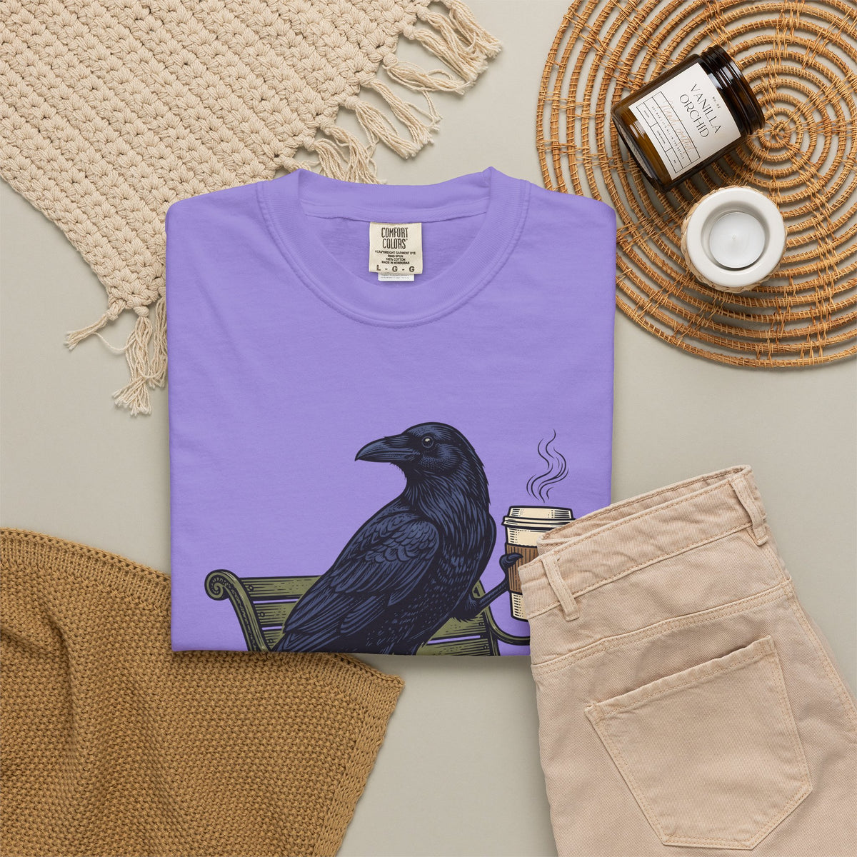 Raven Coffee T-Shirt Coffee Animal Gift Women Vintage T-Shirt Coffee T-Shirt Coffee Fan Retro T-Shirt Wildlife Graphic Hand Drawn Park Bench T-Shirt