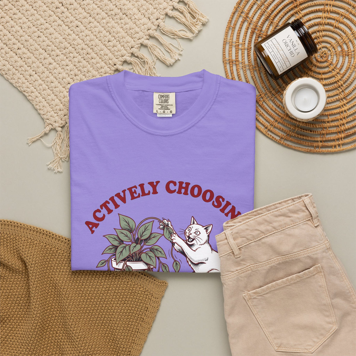 Feline Foliage T-Shirt Cat Comedy Gift Women Classic T-Shirt Cat Foliage T-Shirt Cat Fan Vintage T-Shirt Humor Graphic Ink Drawing Potted Plant