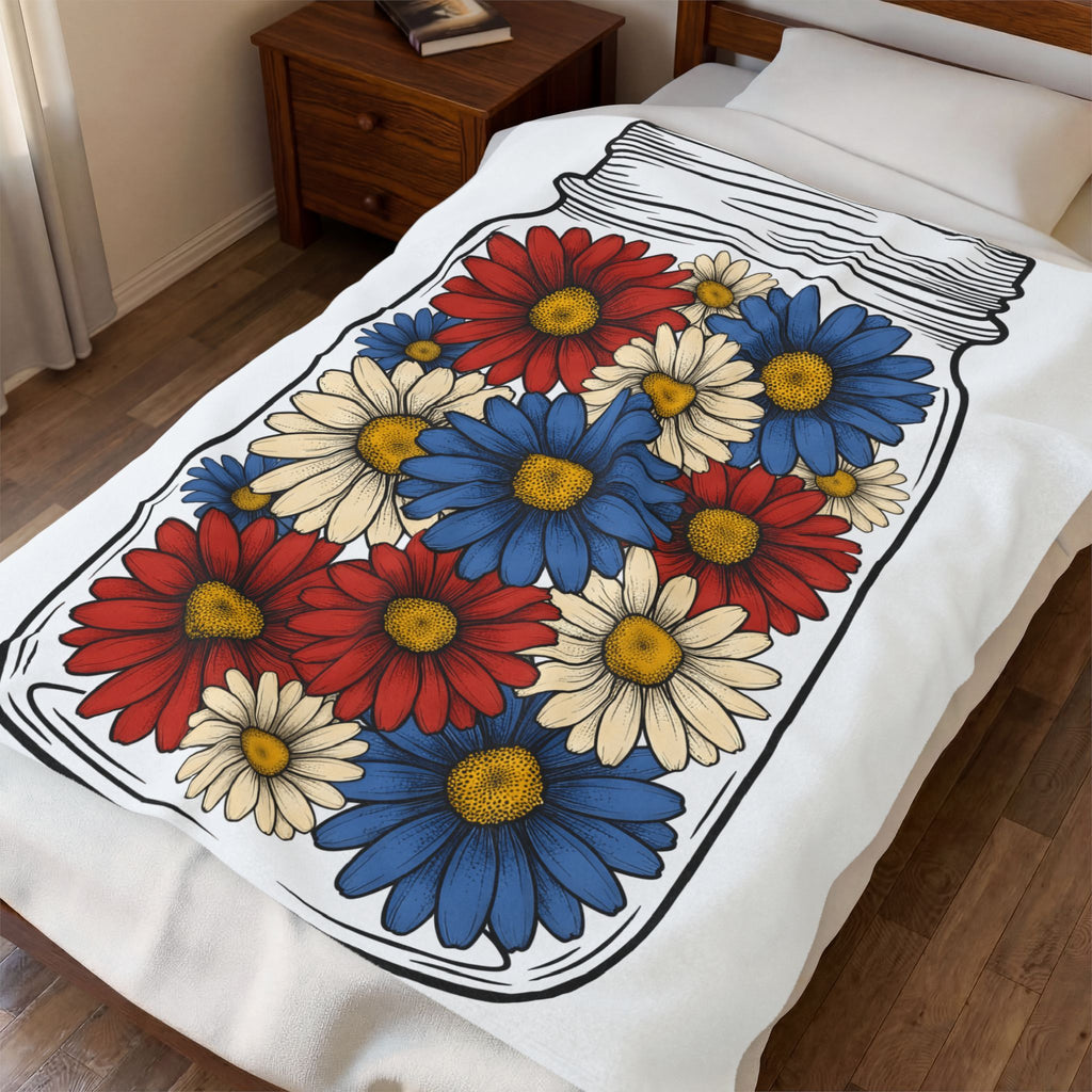 Glass Jar Blooms Blanket 4th Of July Garden Gift Women Sketch Blanket Mason Jar Blanket Patriotic Fan Vintage Drawing Yard Graphic Retro