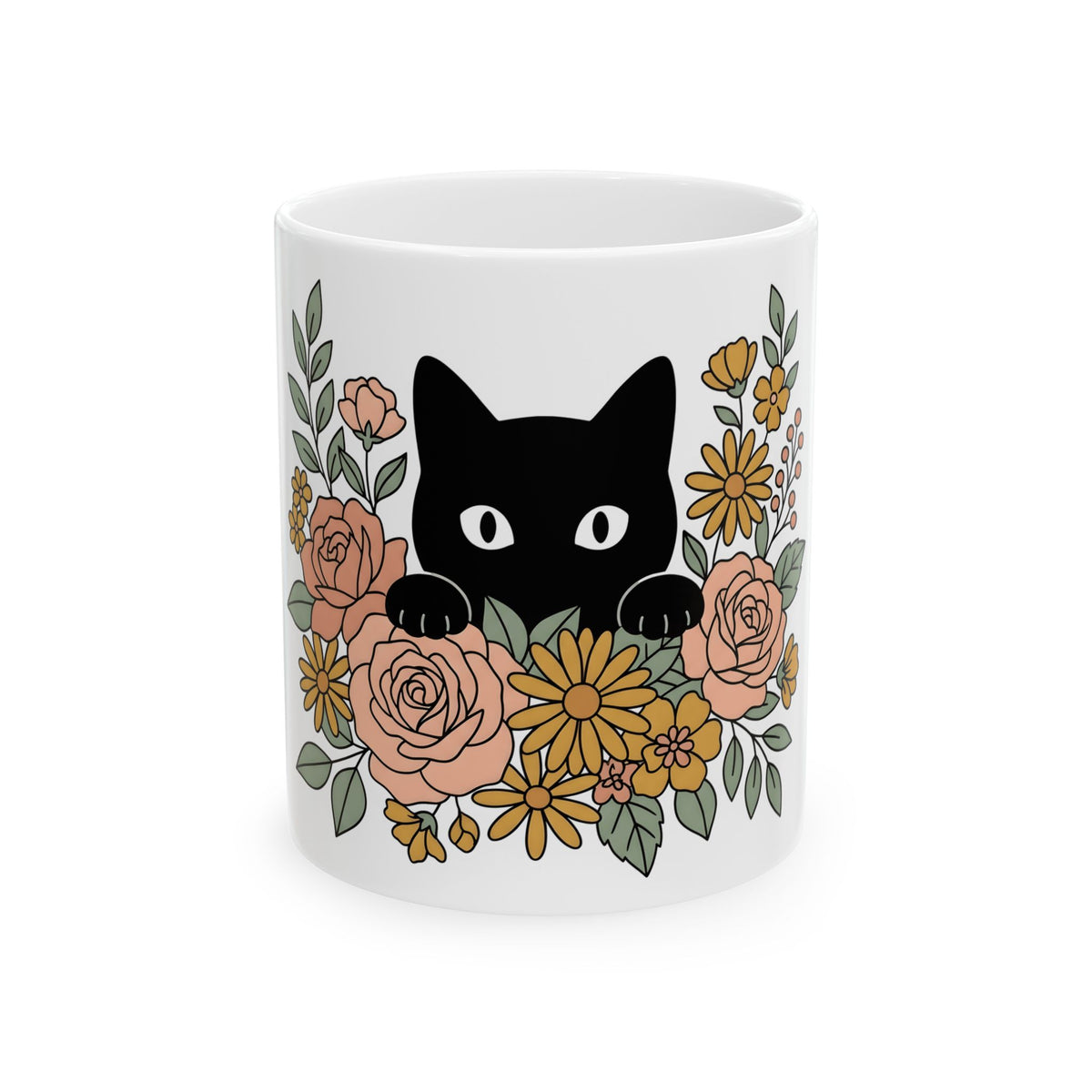 Black Cat Mug Halloween Garden Gift Women Print Art Mug Cat Mug Horror Fan Graphic Mug Yard Graphic Classic Flower Arrangement
