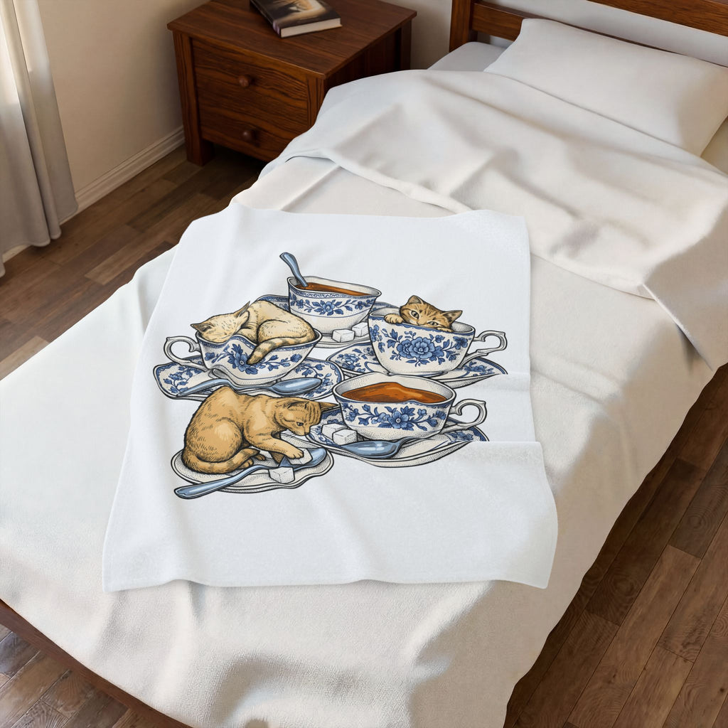 Cat Teacup Blanket Cat Beverage Gift Women Retro Blanket Kitty Blanket Cat Fan Vintage Blanket Coffee Graphic Sketch Flower Design Blanket