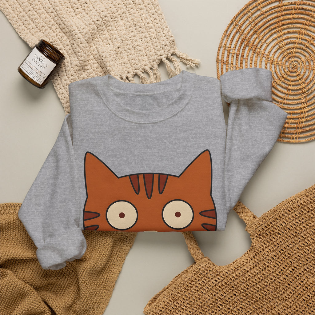 Cat Face Sweatshirt Cat Humor Gift Women Cartoon Sweatshirt Kitten Sweatshirt Cat Fan Toon Sweatshirt Funny Graphic Minimalist Wide Eyes Sweatshirt