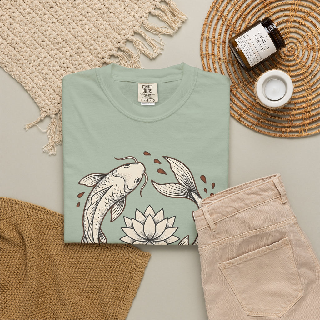 Koi Fish T-Shirt Koi Fish Calm Gift Women Folk Art T-Shirt Carp T-Shirt Koi Fan Naïve Art T-Shirt Serene Graphic Outline Flower T-Shirt
