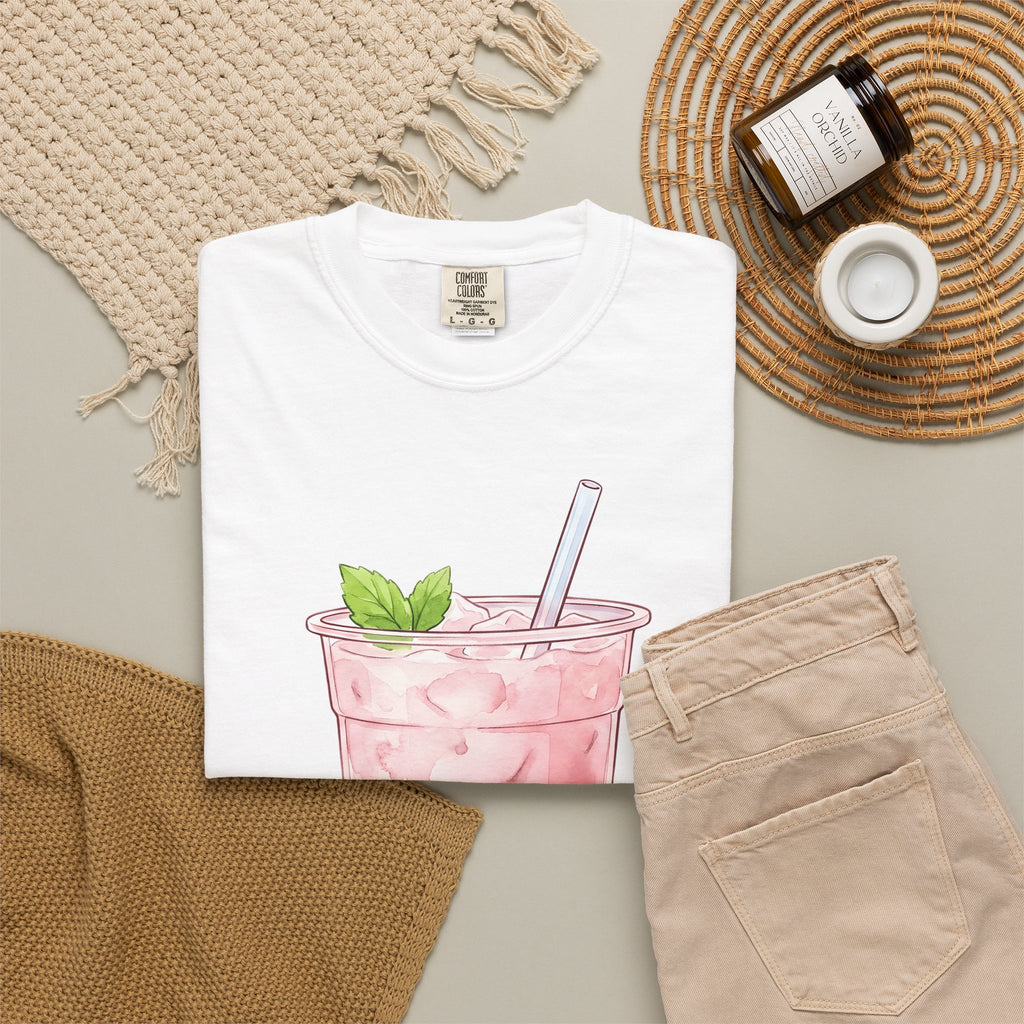 Strawberry Boba Tea T-Shirt Drinks Gastronomy Gift Women Gouache T-Shirt Boba Tea T-Shirt Beverage Fan Watercolor T-Shirt Foodie Graphic Clean Mint