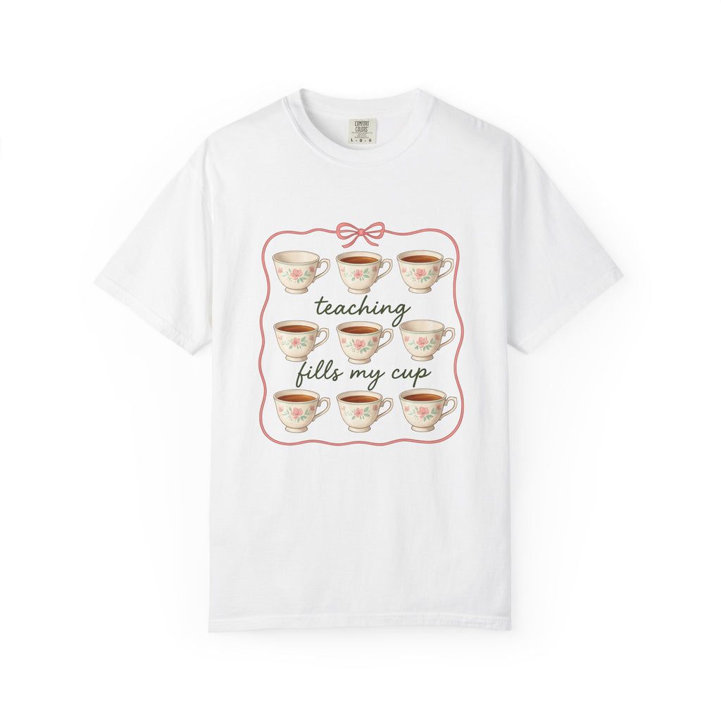 Floral Teacup T-Shirt Teachers Coffee Gift Women Vintage T-Shirt Teacup T-Shirt Educator Enthusiast Retro T-Shirt Caffeine Graphic Hand Drawn Bow
