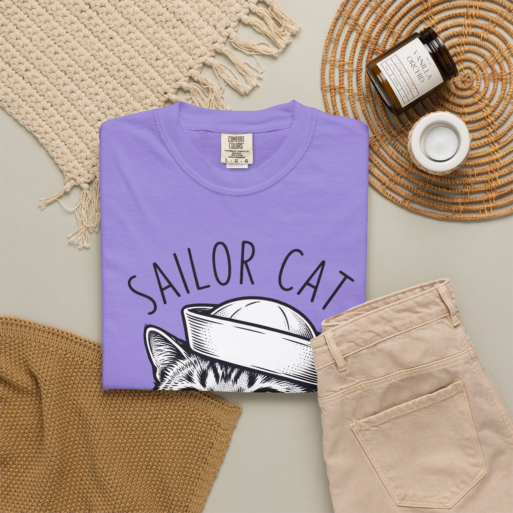 Cat Head T-Shirt Cat Sea Gift Women Sketch T-Shirt Kitten T-Shirt Cat Fan Feline T-Shirt Nautical Graphic Oceanic Design Line Art Captain Hat