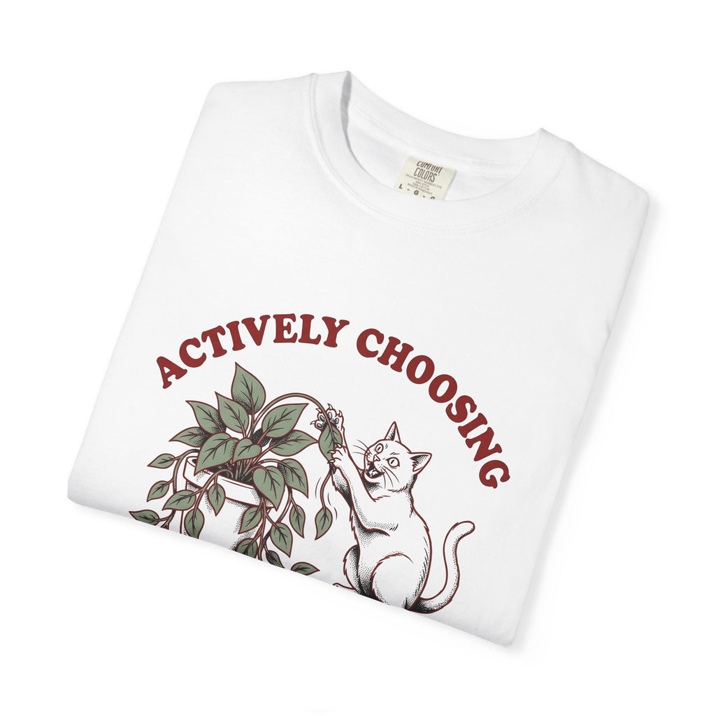 Feline Foliage T-Shirt Cat Comedy Gift Women Classic T-Shirt Cat Foliage T-Shirt Cat Fan Vintage T-Shirt Humor Graphic Ink Drawing Potted Plant