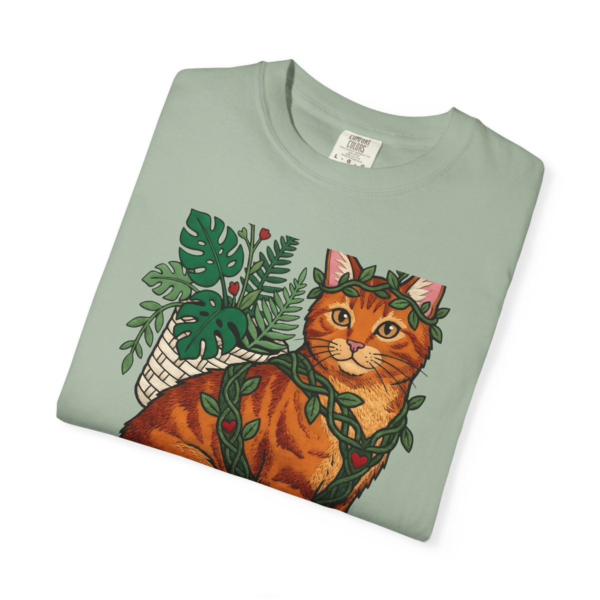 Ginger Cat T-Shirt Cat Wildlife Gift Women Floral T-Shirt Orange Cat T-Shirt Cat Fan Feline Graphic T-Shirt Sketch Indoor Plants T-Shirt