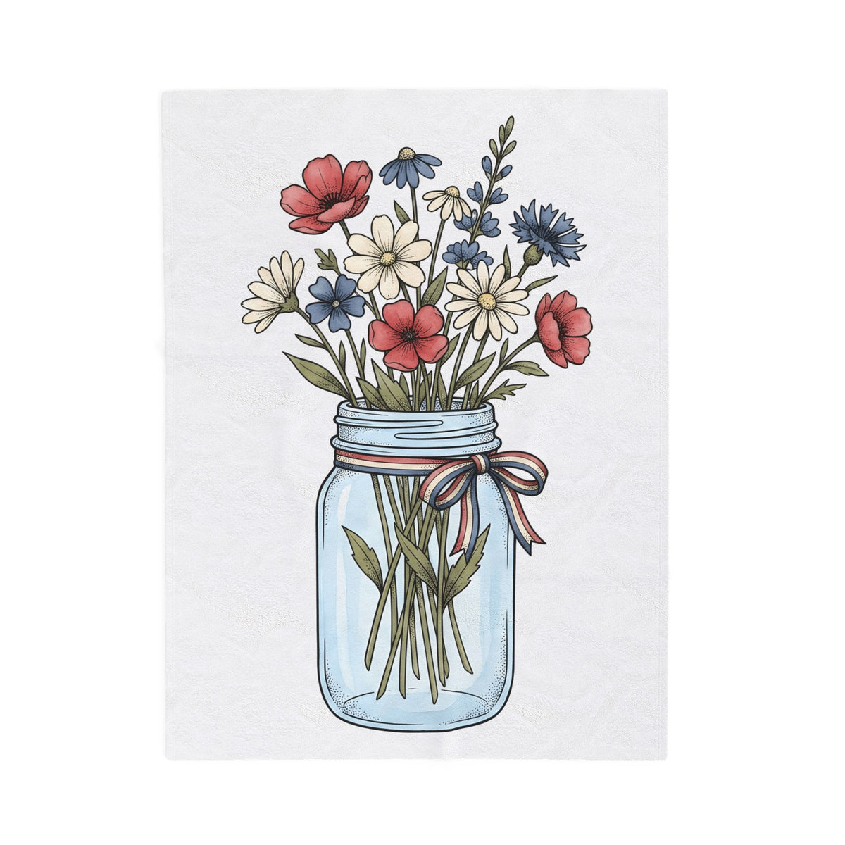 Mason Jar Flowers Blanket 4th Of July Floral Gift Women Hand Drawn Blanket Flower Arrangement Blanket Independence Day Fan Floral Graphic Blanket