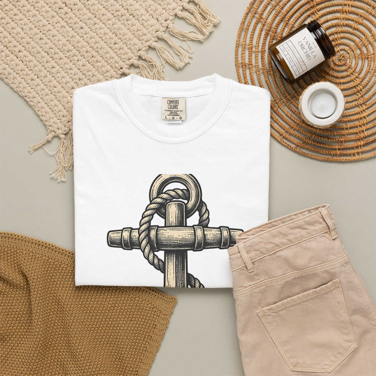 Anchor Line Nautical Beach Gift Old School Rope Sailor Fan Mooring Outline Seaside T-Shirt