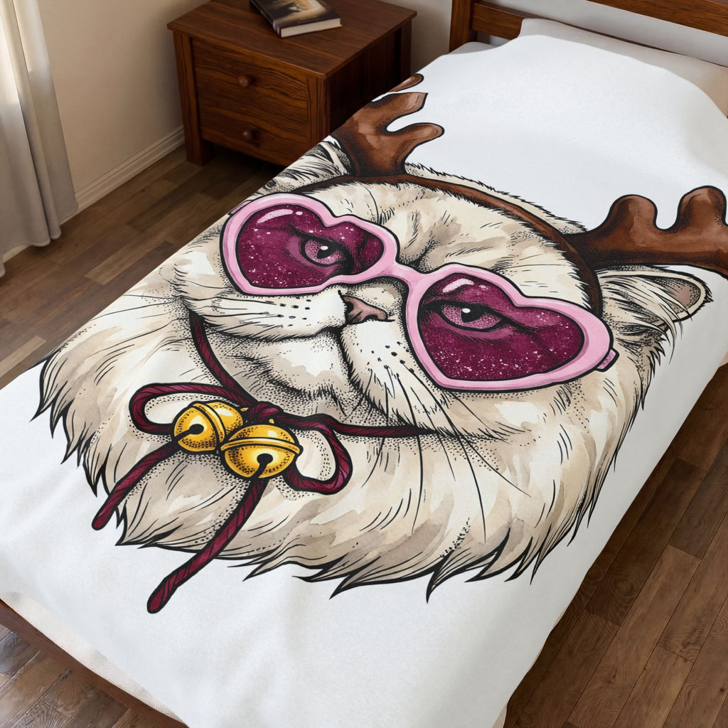 Cat Reindeer Blanket Christmas Cat Gift Women Hand Drawn Blanket Reindeer Blanket Xmas Fan Illustrated Graphic Kitten Design Vintage Heart