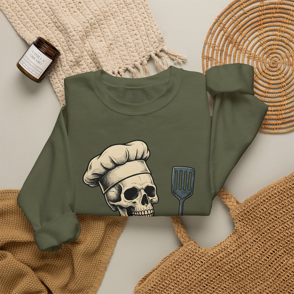 Skeleton Cook Sweatshirt Barbecue Fun Gift Women Classic Sweatshirt Skeleton Sweatshirt Bbq Fan Vintage Sweatshirt Humor Graphic Line Art Grill Spatula Sweatshirt