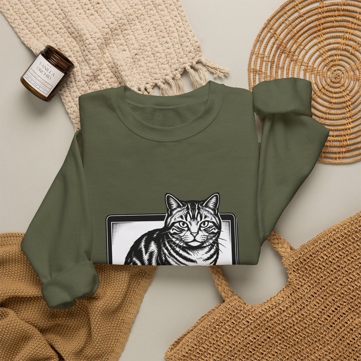 Orange Cat Sweatshirt Cat Gadgets Gift Women Classic Sweatshirt Kitty Sweatshirt Cat Fan Retro Sweatshirt Tech Graphic Doodle Notebook Sweatshirt