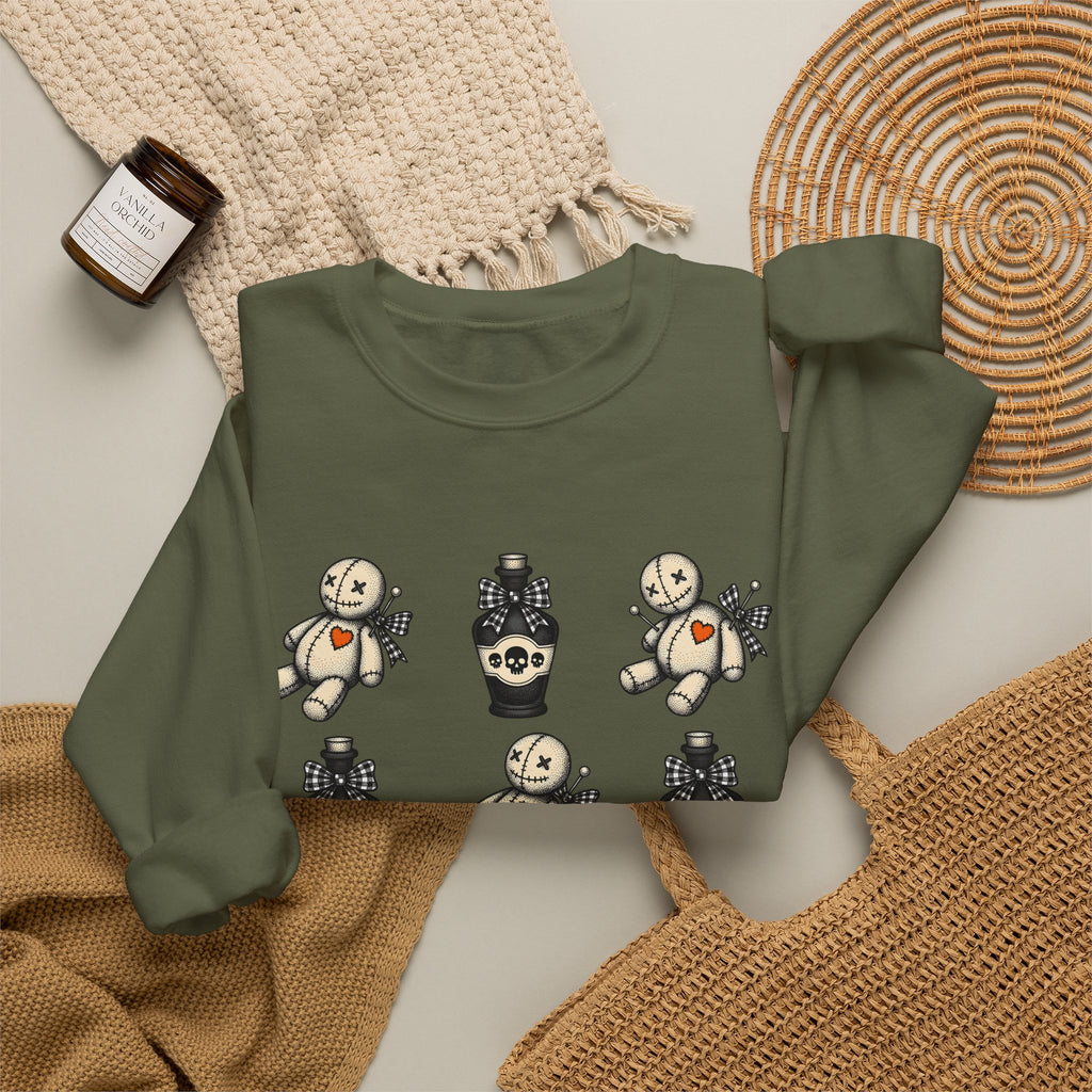 Charm Doll Sweatshirt Halloween Macabre Gift Women Old School Sweatshirt Voodoo Doll Sweatshirt Horror Fan Retro Sweatshirt Dark Graphic Throwback Remedy Flask