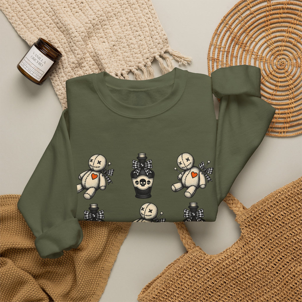 Charm Doll Sweatshirt Halloween Macabre Gift Women Old School Sweatshirt Voodoo Doll Sweatshirt Horror Fan Retro Sweatshirt Dark Graphic Throwback Remedy Flask