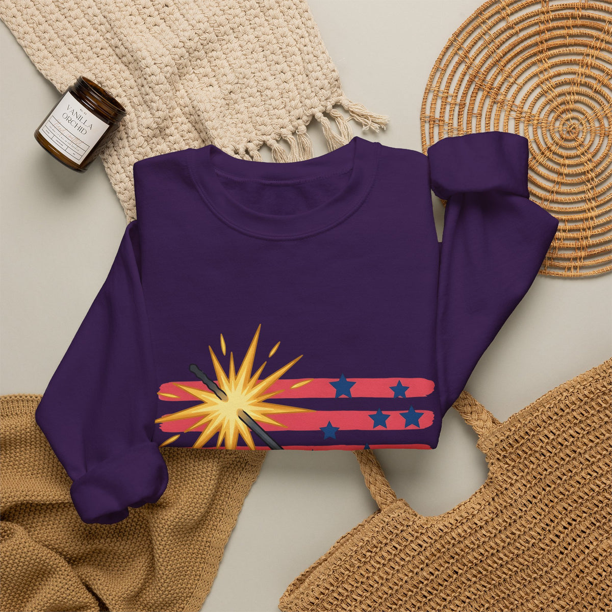 Sparkler Flag Sweatshirt 4th Of July Celebration Gift Women Patriotic Sweatshirt Wave Banner Sweatshirt Independence Day Fan American Sweatshirt Party Graphic