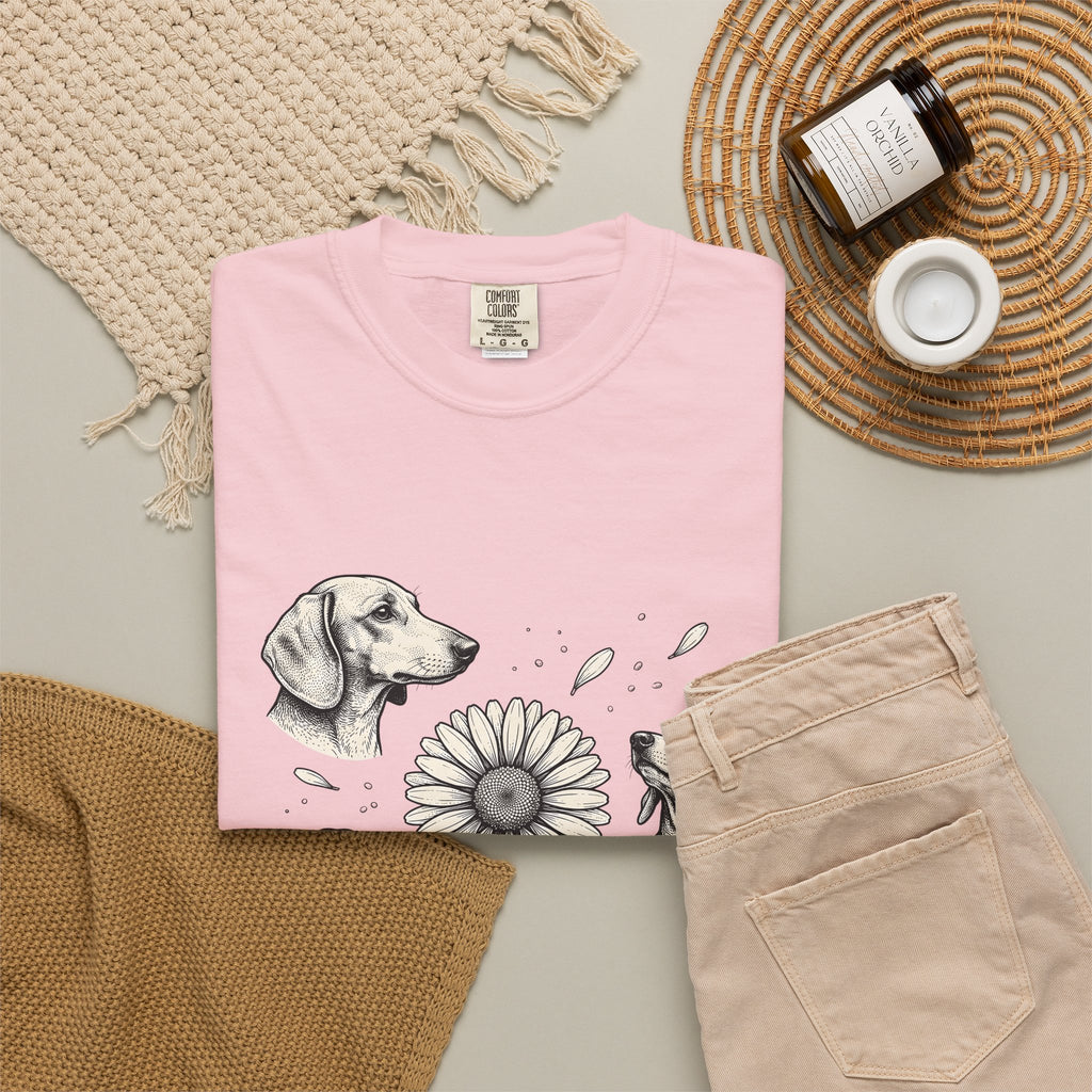 Dachshund Dog T-Shirt Dog Floral Gift Women Hand Drawn T-Shirt Wiener Dog T-Shirt Dog Fan Illustrated Design Vintage Daisy Flower T-Shirt