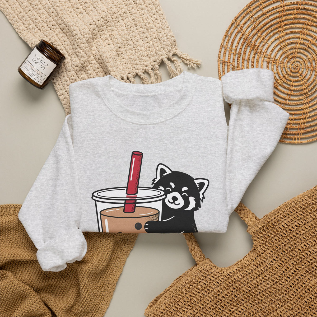 Red Panda Drink Sweatshirt Boba Wildlife Gift Women Adorable Sweatshirt Panda Drink Sweatshirt Bubble Tea Fan Cute Sweatshirt Animal Graphic Animated Milk Tea
