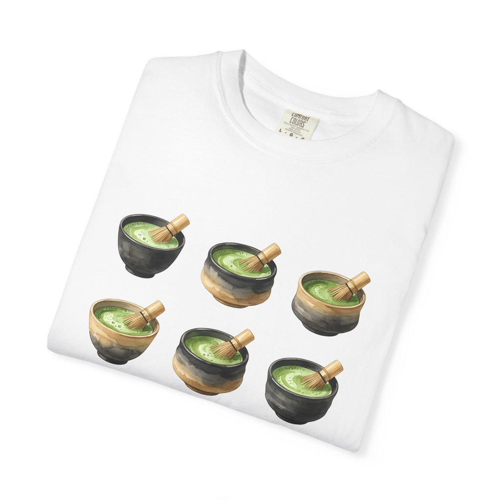 Green Tea Bowls T-Shirt Drinks Infusion Gift Women Gouache T-Shirt Tea Bowls T-Shirt Beverage Fan Watercolor T-Shirt Steeped Graphic Simple Wooden