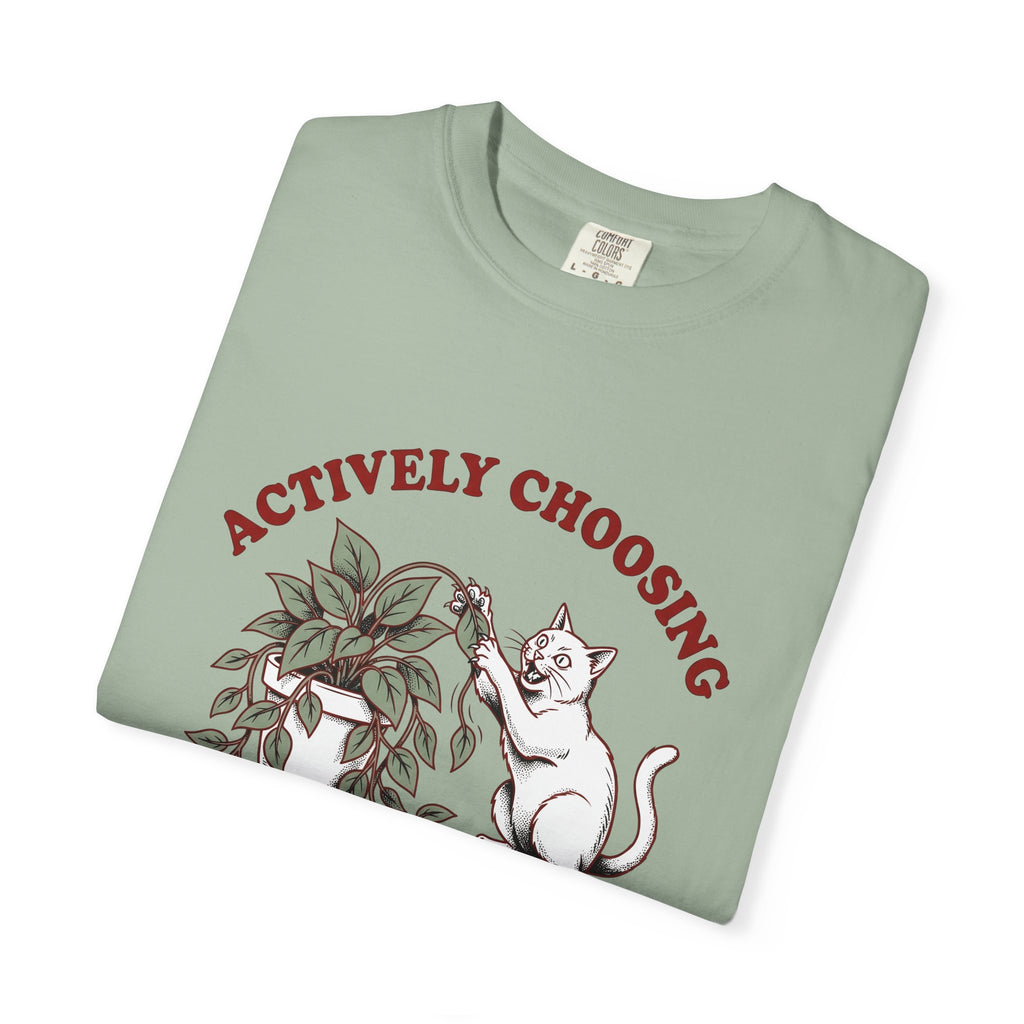 Feline Foliage T-Shirt Cat Comedy Gift Women Classic T-Shirt Cat Foliage T-Shirt Cat Fan Vintage T-Shirt Humor Graphic Ink Drawing Potted Plant