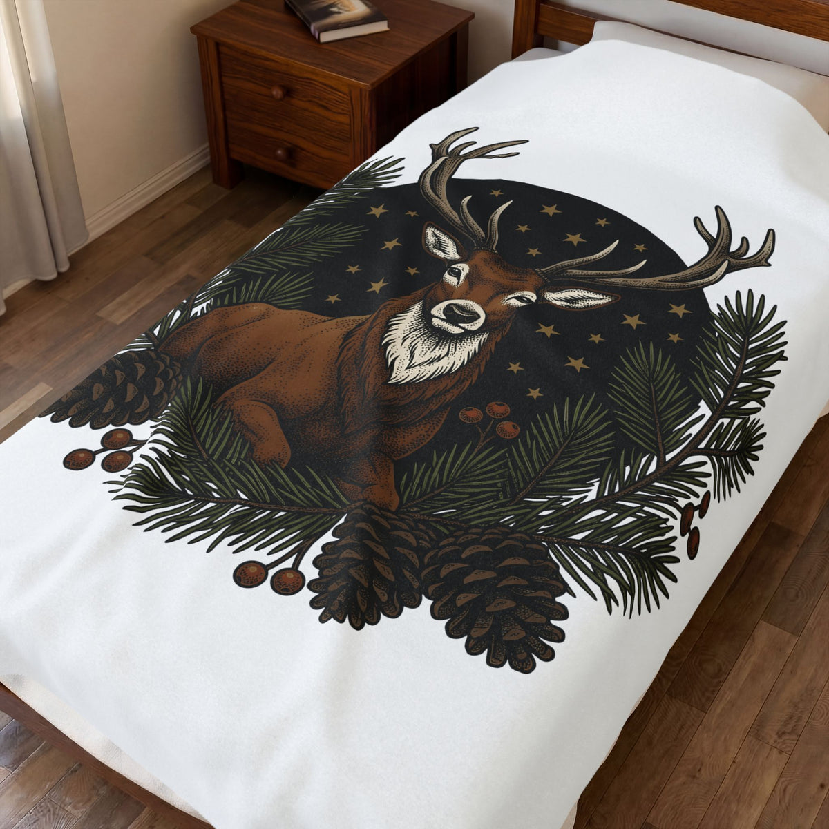 Elk Design Blanket Woodland Festive Gift Women Old School Blanket Moose Blanket Forest Fan Vintage Blanket Holiday Graphic Outline Pine Cone Blanket