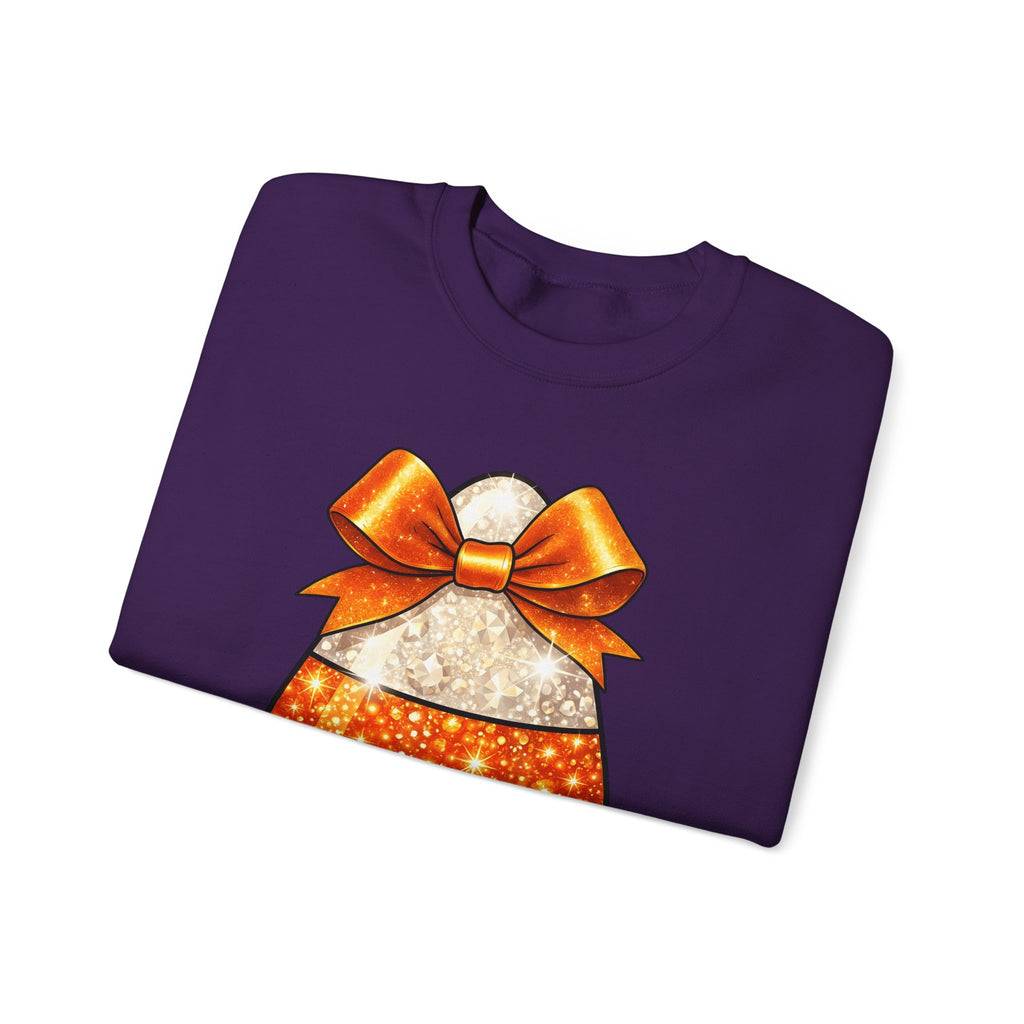 Candy Corn Sweatshirt Halloween Candy Gift Women Glitter Sweatshirt Triangular Corn Sweatshirt Spooky Fan Sparkling Sweatshirt Sweets Graphic Kawaii Bow Sweatshirt