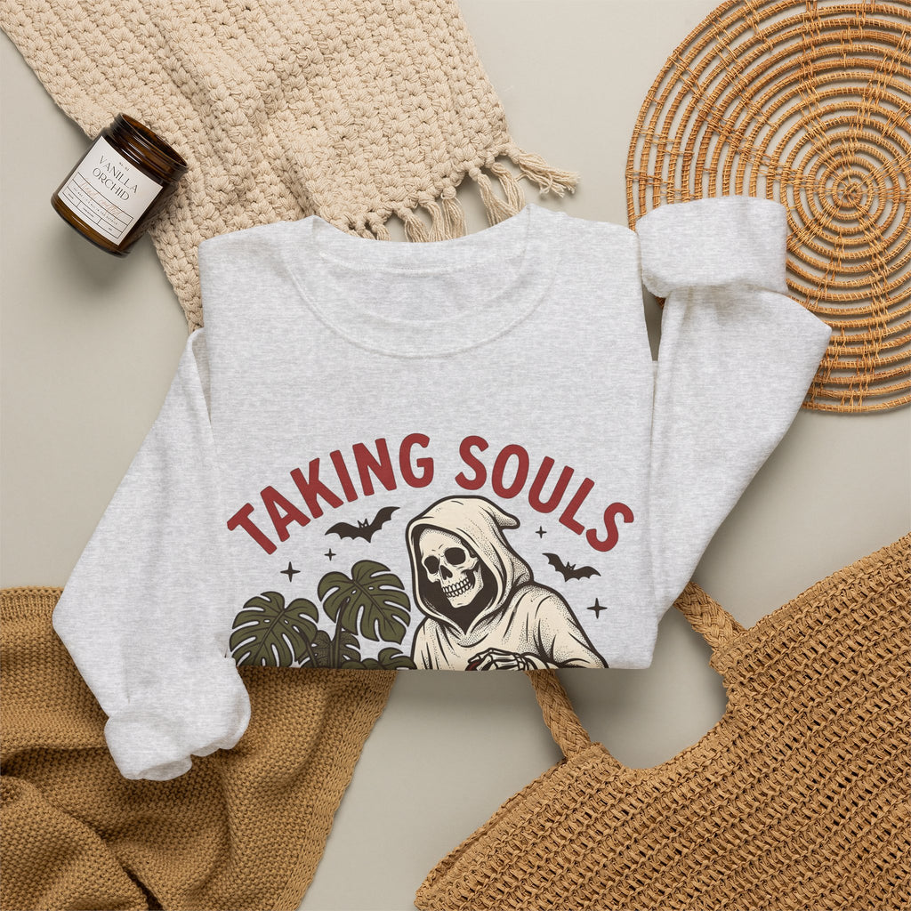 Skull Harvester Sweatshirt Halloween Outdoors Gift Women Classic Sweatshirt Reaper Sweatshirt Horror Fan Skull Sweatshirt Wilderness Graphic Line Art Jungle