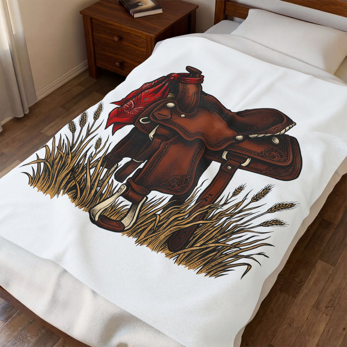 Western Saddle Cowgirl Western Gift Vintage Saddle Cowboy Fan Rodeo Hand Drawn Wheat Blanket