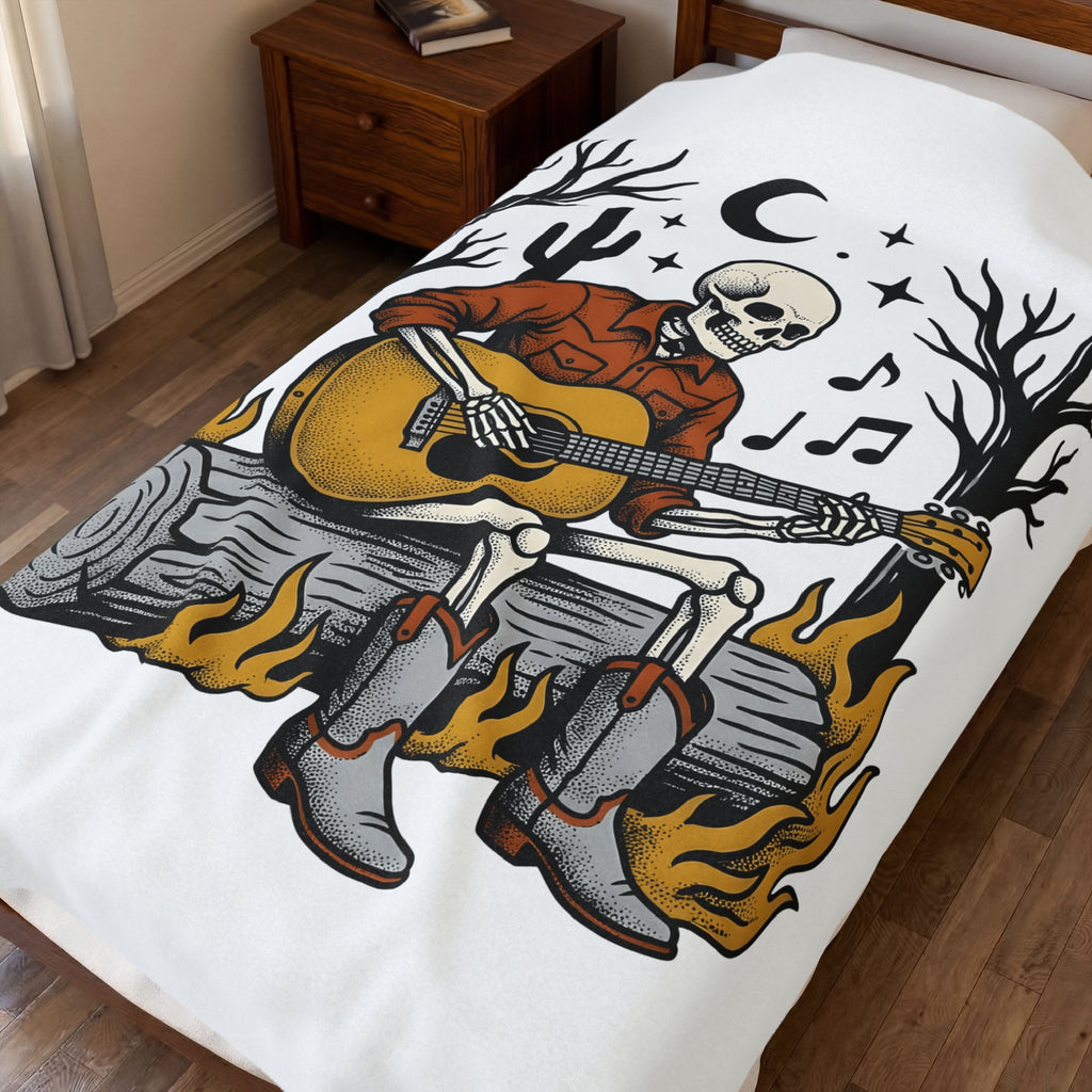 Bony Cowboy Halloween Country Gift Hand Drawn Skeleton Horror Fan Illustrated Country Music Blanket