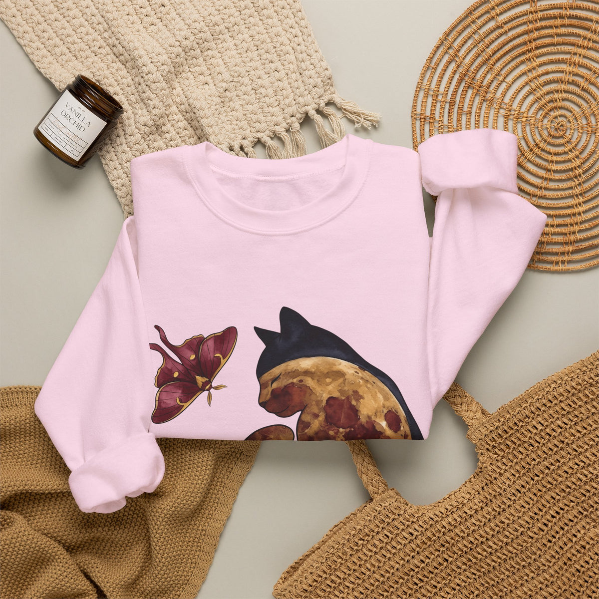 Night Cat Sweatshirt Cat Cosmos Gift Women Paint Sweatshirt Kitty Sweatshirt Cat Fan Artistic Sweatshirt Universe Graphic Galaxy Moth Sweatshirt