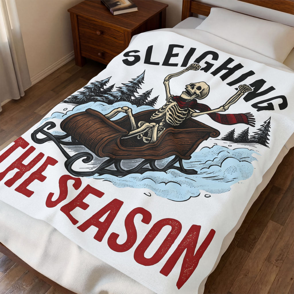 Bone Sleigh Blanket Christmas Comedy Gift Women Shabby Chic Blanket Sleigh Bell Blanket Xmas Fan Distressed Blanket Humor Graphic Doodle Fir Trees