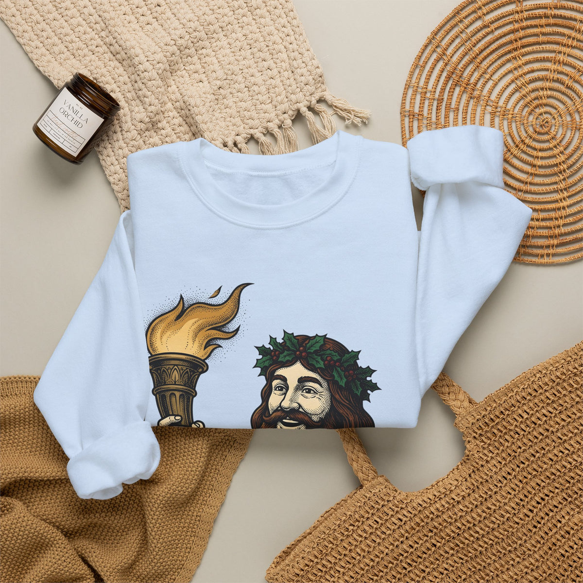 Santa Torch Sweatshirt Christmas Holiday Gift Women Vintage Sweatshirt Torch Sweatshirt Christmas Fan Retro Sweatshirt Seasonal Graphic Hand Drawn Holly Crown