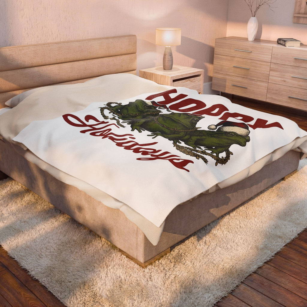 Frog Holiday Hats Christmas Wildlife Gift Hand Drawn Toad Xmas Fan Illustrated Animal Line Blanket