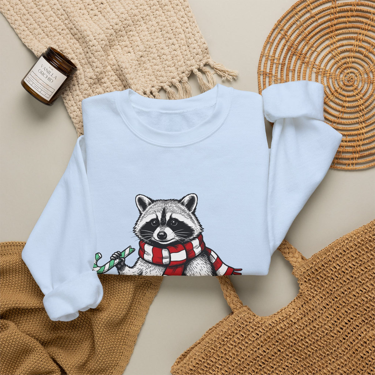 Raccoon Illustration Sweatshirt Animals Holiday Gift Women Sketch Sweatshirt Trash Panda Sweatshirt Wildlife Fan Drawing Graphic Christmas Retro Peppermint