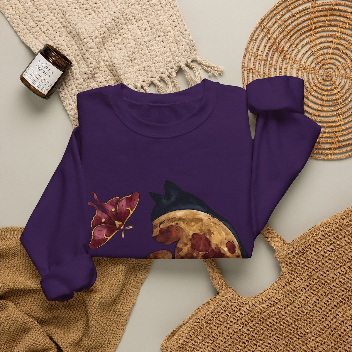 Night Cat Sweatshirt Cat Cosmos Gift Women Paint Sweatshirt Kitty Sweatshirt Cat Fan Artistic Sweatshirt Universe Graphic Galaxy Moth Sweatshirt