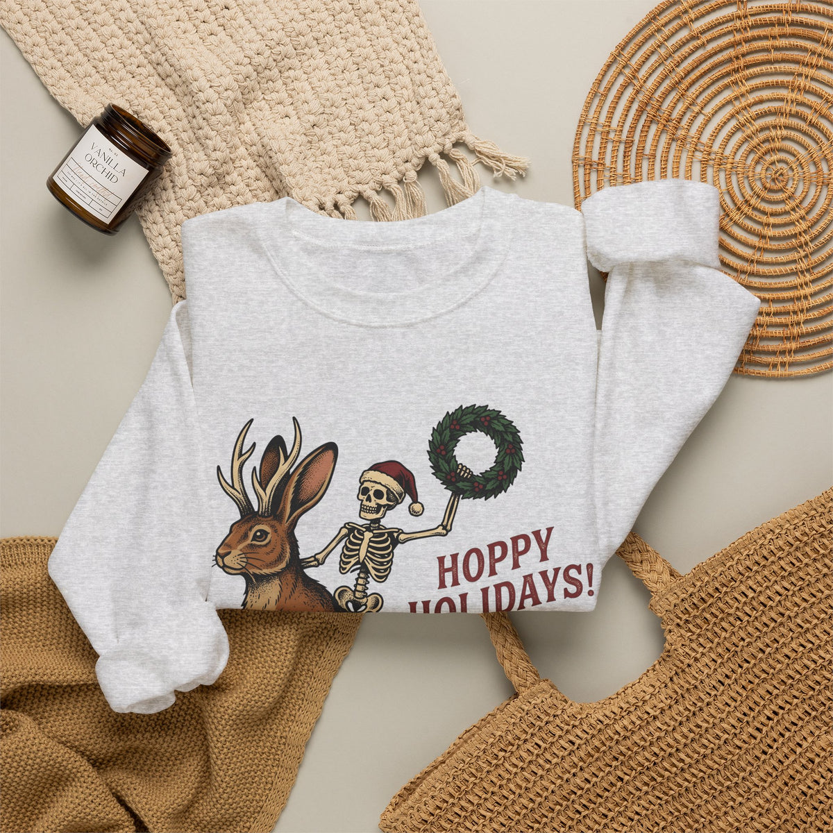 Jackalope Skull Sweatshirt Christmas Jokes Gift Women Antique Sweatshirt Rabbit Skull Sweatshirt Xmas Fan Vintage Sweatshirt Pun Graphic Doodle Circle Sweatshirt