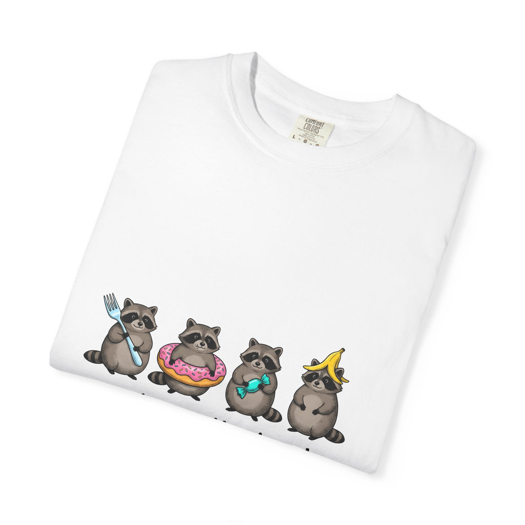 Raccoon Group T-Shirt Funny Animal Gift Women Cute T-Shirt Trash Panda T-Shirt Humor Fan Cartoon T-Shirt Wildlife Graphic Hand Drawn Donut T-Shirt