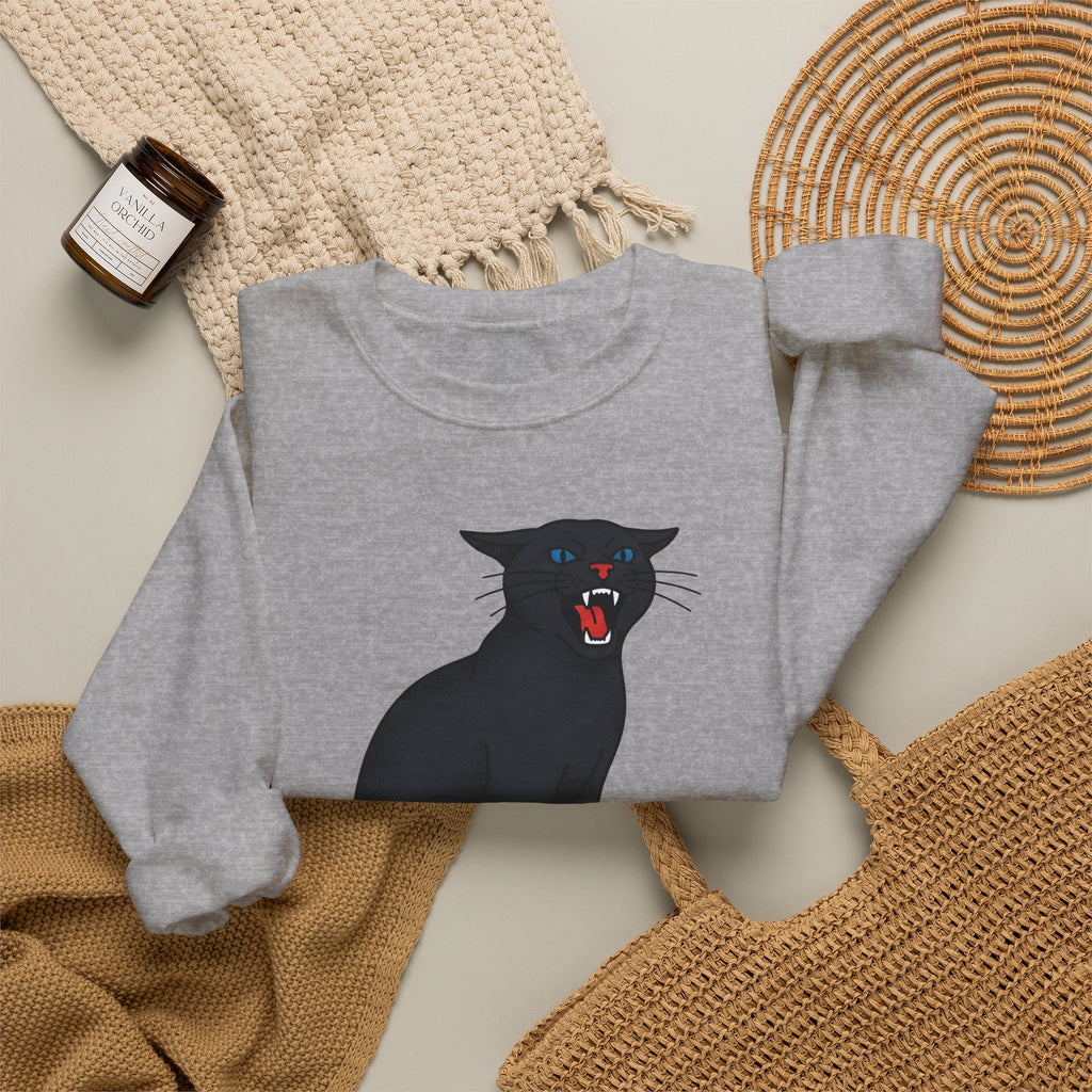 Black Cat Sweatshirt Cat Humor Gift Women Bold Graphic Sweatshirt Cat Sweatshirt Cat Fan Graphic Sweatshirt Funny Graphic Retro Fangs Sweatshirt